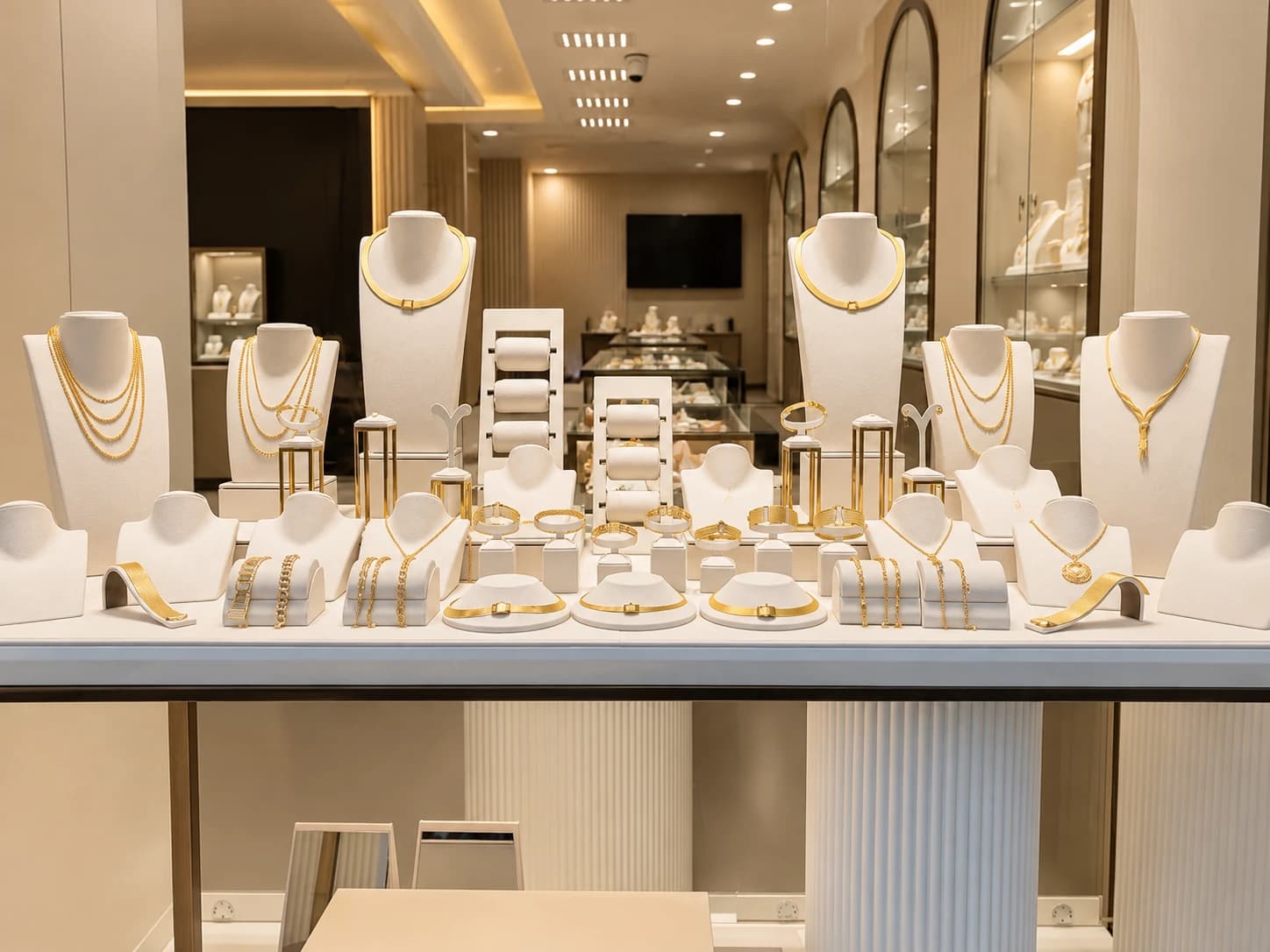 Aydınlatmalı kuyumcu showroom vitrini, altın kolye ve bilezik teşhiri